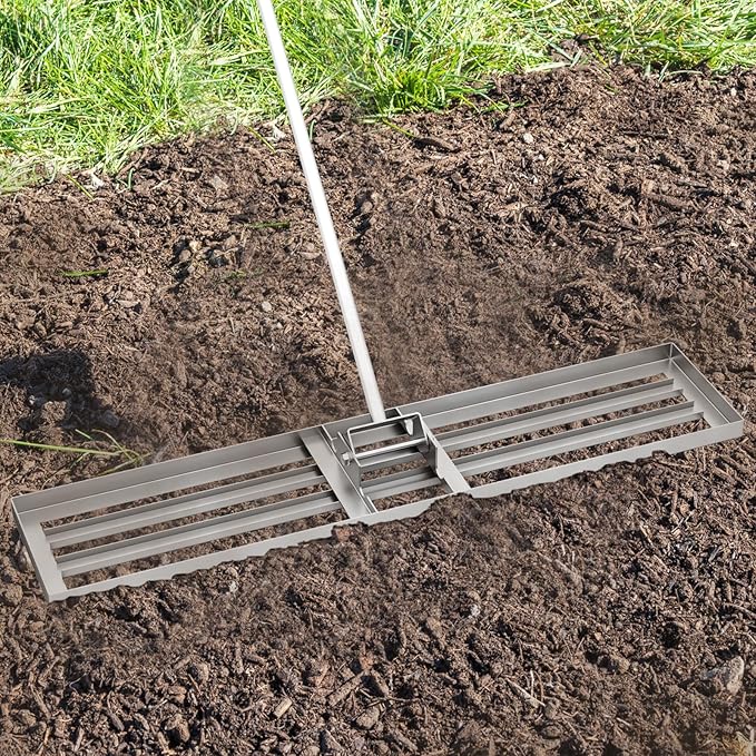 Happygrill Lawn Leveling Rake, Heavy Duty Lawn Level Tool for Soil w/67” Handle, Dirt Ground Leveler, Effort-Saving Landscape Rake for Garden, Backyard, Golf Course, Farm, Pasture (46" x 10", Silver)