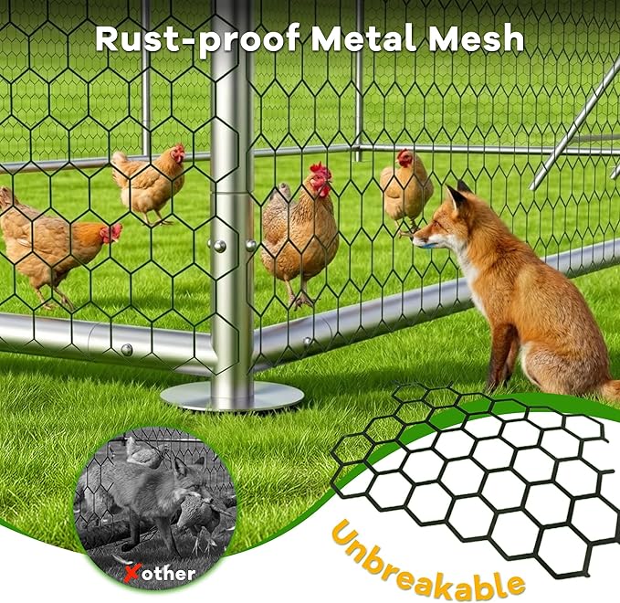 Large Metal Chicken Coop with Roosting Perch, Waterproof and UV-Resistant Cover, Outdoor Walk-in Cage Hen House for Yard Farm Rabbit Duck Chicken Run, Spire Roof (10’ W x 13.2’ L x 6.4’ H)