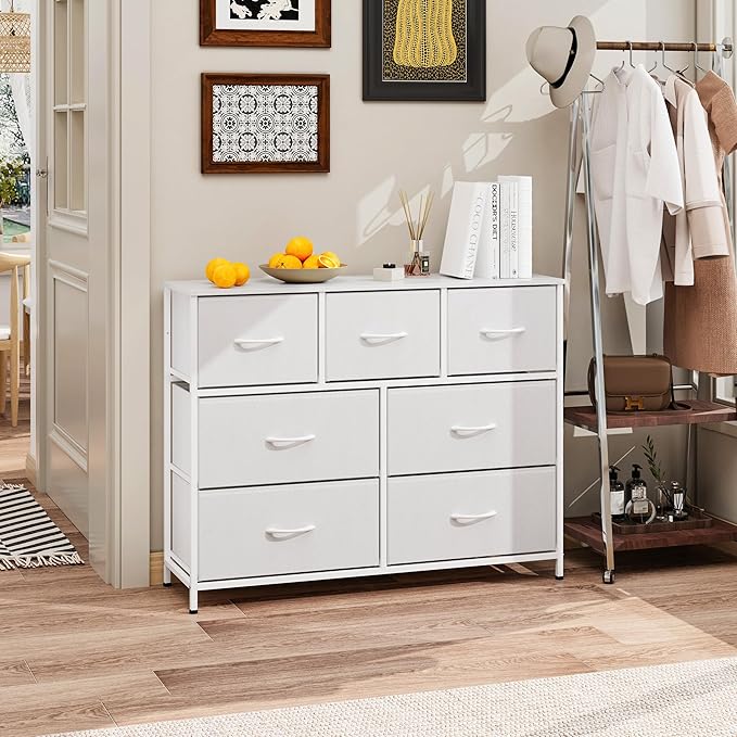 WelFurGeer 7-Drawer Fabric Dresser with Metal Frame, Dressers & Chests of Drawers, White Chest of Drawers for Bedroom, Hallway, Entryway, Closets, Kids Room Organization, White