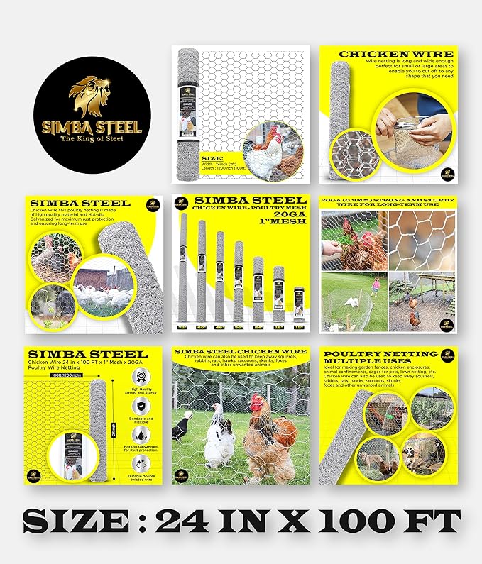 Chicken Wire 24 in x 100 FT x 1” Mesh x 20GA | Poultry Wire Netting | Hot Dipped Galvanised | Hexagonal Galvanized Mesh for Chicken Coop, Rabbit Fence (PM 24 x 100)