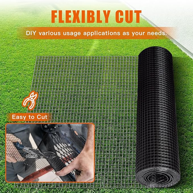 24" x 50' 1/4inch Hardware Cloth, Black Vinyl Coated Chicken Wire Fence Galvanized Welded Mesh Roll for Home Garden Rabbit Cage
