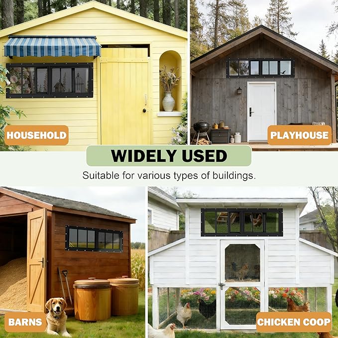 2 Pack Shed Windows, 12"x 29" Black Sliding Window Suitable for Chicken Coop, shed, Household, Barn - Transom Window with Tempered Glass and Fiberglass Screen (BK,12''x 29'')