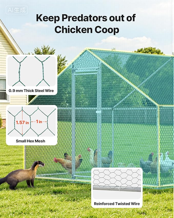 VEVOR Large Metal Chicken Coop with Run, 9.8x26.5x6.5 ft Walk-in Chicken Runs for Yard with Cover, Spire Roof Hen House with Security Lock for Outdoor and Backyard, Farm, Duck Rabbit Cage Poultry Pen