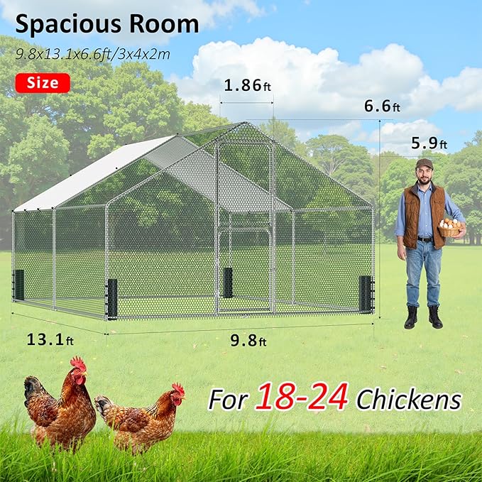 Large Metal Chicken Coop, Walk-in Chicken Run with Feeding Door, Security Lock and Cover, Outdoor Duck/Rabbit Cage Poultry Pen for Backyard, Farm, Yard (Silver - Spire Roof, 13.1 x 9.8 x 6.5 FT)