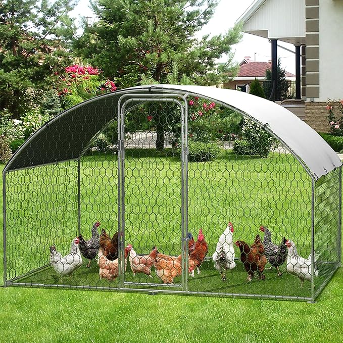 Garvee Metal Chicken Run, 9.8 x 6.5 x 6.5 Ft Metal Chicken Coop for Yard with Waterproof and Anti-Ultraviolet Cover, Dome Roof Walk in Chicken House, Poultry Cage for Hen, Duck and Rabbit
