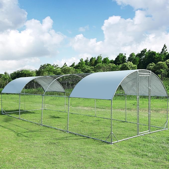 Large Metal Chicken Coop Upgrade Tri-Supporting Wire Mesh Chicken Run,Chicken Pen with Water-Resident and Anti-UV Cover,Duck Rabbit House Outdoor(9'W x 25'L x 6.5'H)
