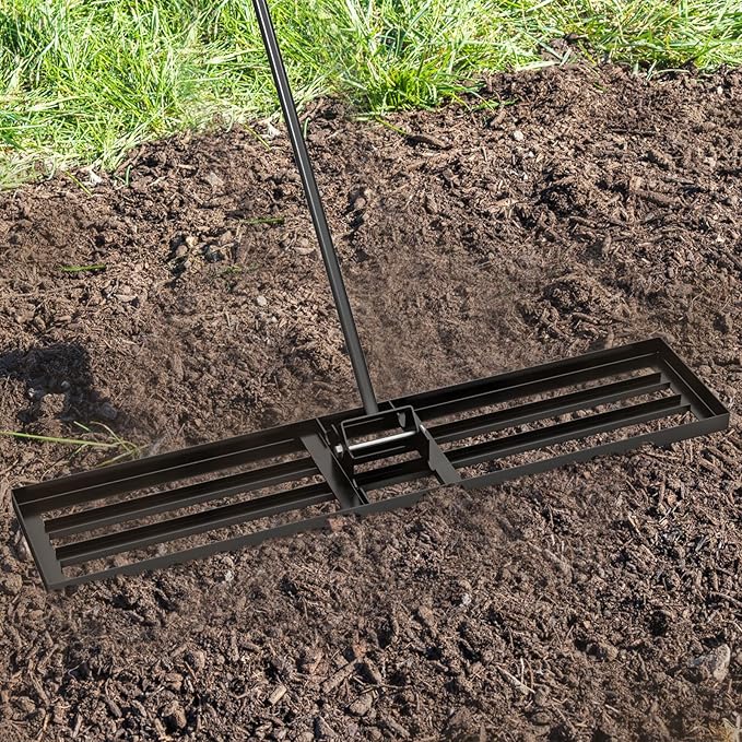 Happygrill Lawn Leveling Rake, Heavy Duty Lawn Level Tool for Soil w/67” Handle, Dirt Ground Leveler, Effort-Saving Landscape Rake for Garden, Backyard, Golf Course, Farm, Pasture (46" x 10", Black)