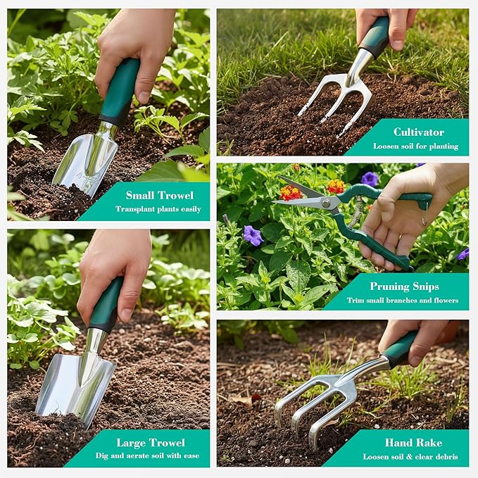 Garden Tool Set, Gardening Gifts for Women, Men, Mom, Dad, 11-Piece Heavy-Duty Aluminum Hand Tools Set with Tote Bag, Ergonomic Handles, Rust-Proof Starter Garden Kits, Gardening Essentials & Supplies