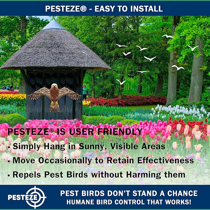 PESTEZE USA Hawk 47x27 Inch Kite with 13 Ft Flagpole. Provides Humane Bird Deterrence in Yards & Farms. Protects Vegetables, Fruits & Crops from Pest Birds & Critters