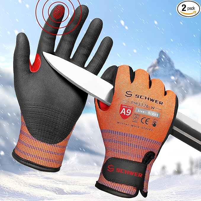 Schwer FreezeGuard-X Winter Work Gloves for Men and Women, ANSI A9 Cut Resistant Gloves for Extreme Protection, Freezer Glove With Super Grip, Touchscreen, Thermal Insulated, PM3326-W (XS,2 Pairs)