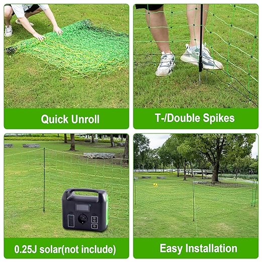 Electric Fence Netting, 35.4" x 164' Portable Electric Net Fence for Goats, Sheep, Lambs, Hogs in Backyards, Farms, Ranches, Homesteads and Gardens,(14 Posts, 2 Spikes,Green)
