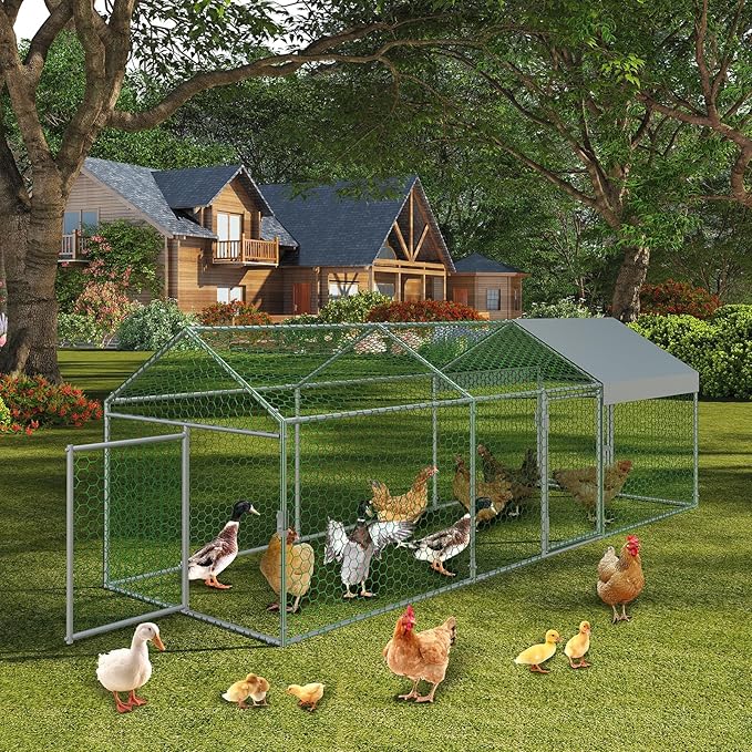 Metal Chicken Coop Outdoor Run, Predator-Proof Poultry Cage with Waterproof & Anti-UV Cover, Secure Hen House with Safety Lock for Backyard, Rabbits, Ducks & Geese, Silver 120" X40" X40"