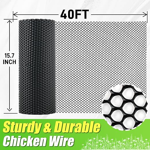 Black Chicken Wire Plastic Garden Fence- 16in x 40ft Plastic Mesh Fencing for Floral Arrangements, Poultry, Animal Barrier, Gardening