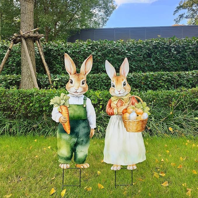 Easter Decorations Outdoor Yard Signs: 2pcs Large Metal Vintage Bunny with Carrot Eggs, Farmhouse Rustic Yard Decoration with Stakes, Lawn Garden Decor for Kids Family Home Outside Spring Easter Party