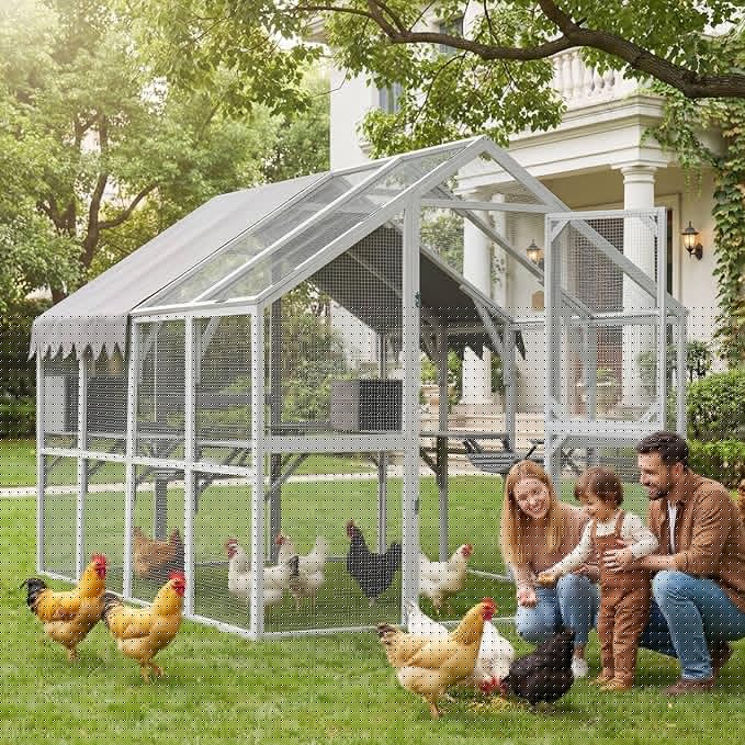KEIKI 110"L Outdoor Large Chicken Coop with Waterproof Cover, Roosting Platform, Wire Mesh & 2 Lift Small Doors with Locks, Wood Chicken Coop House with Run for Cat Kitten Playpen, Duck, Rabbit, Quail