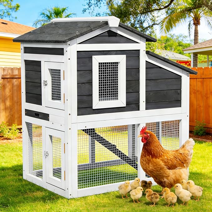 Small Chicken Coop for 2 Chickens, Wooden Chicken Coops with Nesting Boxes Indoor Outdoor, Predator-Proof Bunny House Rabbit Hutch Poultry Pet Tractor Cage with Waterproof Roof, Stairs&Removable Tray