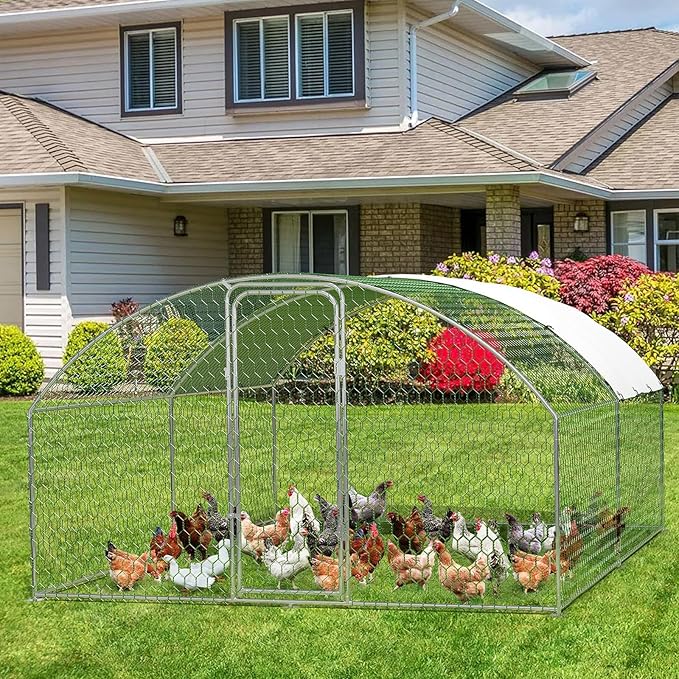 Large Metal Chicken Coop, Walk-in Poultry Cage, Chicken Run Pen House with Waterproof & Anti-Ultraviolet Cover Chicken Coop Run with Double Lockable Doors for Outdoor and Backyard 9.8 x 13.1 x 6.6 ft