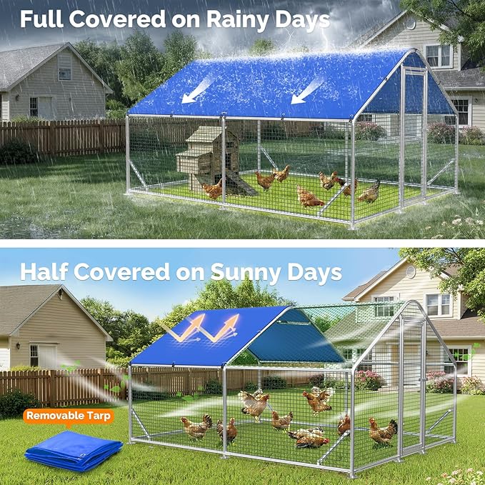 Large Metal Chicken Coop Run with Heavy-Duty Hardware Cloth for 20 Chickens/Ducks, Chicken Runs for Yard with Waterproof Cover, Chicken Enclosure Pen Outdoor, Walk-in Poultry Cage