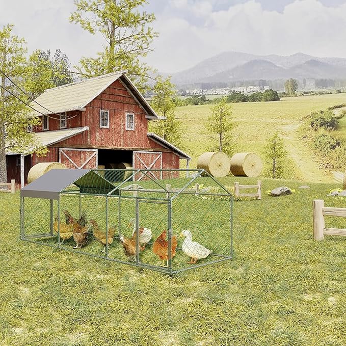 Large Metal Chicken Coop Run with Cover, 120"×40"×40" Portable Poultry Cage Walk in Hen House for Outdoor Chicken Rabbit Duck,Backyard Farm Animal Enclosure Crate Sliver