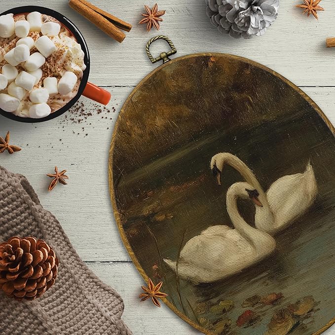 CUANFDDSF Vintage Swan Oval Wall Art Decor, Modern Farmhouse Swan Wall Hanging Decor, Moody Cottagecore Farmhouse Antique Animal Framed Canvas Prints for Home Bedroom Living Room, 8.6x11.4 Inch