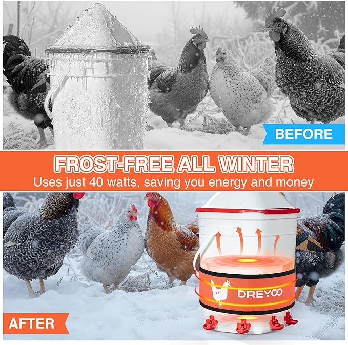Dreyoo Thermo Bucket Belt with Insulated Wrap, Fits 2-5 Gallon Chicken Waterer, Auto-Thermostatic Chicken Waterer Heater with 5.9ft Power Cord, Energy-Efficient & Durable, Safe to -10°F