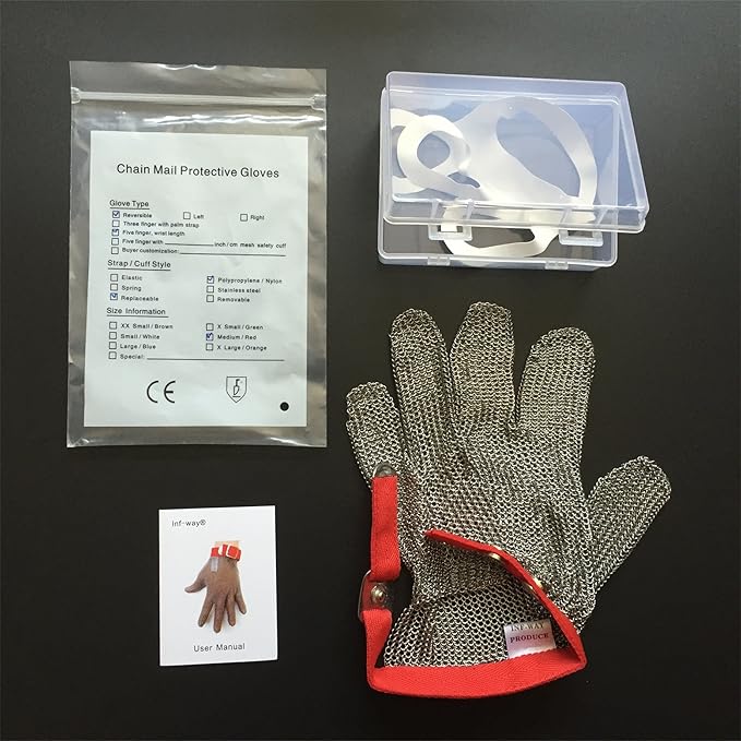 Inf-way 304L Brushed Stainless Steel Mesh Cut Resistant Chain Mail Gloves Kitchen Butcher Working Safety Glove 1pcs