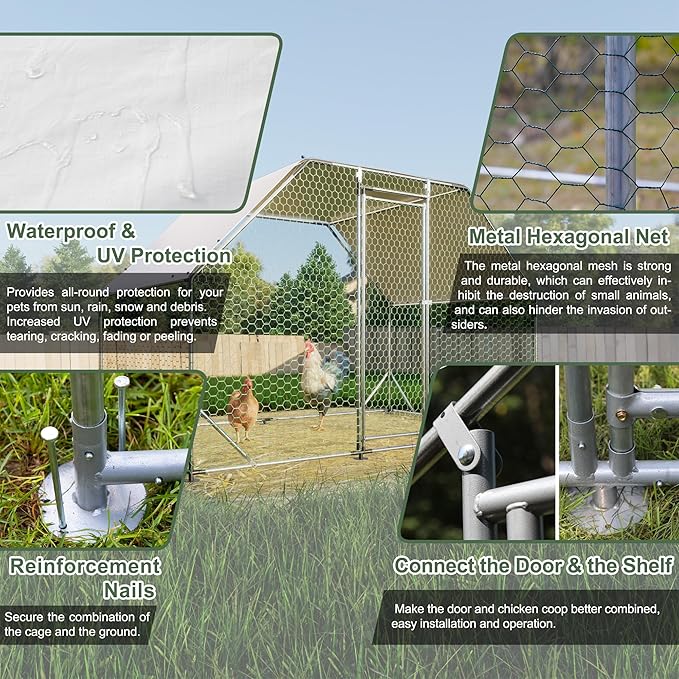 Large Metal Chicken Coop with Waterproof Cover, Walk-in Chicken Cage for 6/10 Chickens, Rabbits, Ducks, Outdoor Pen