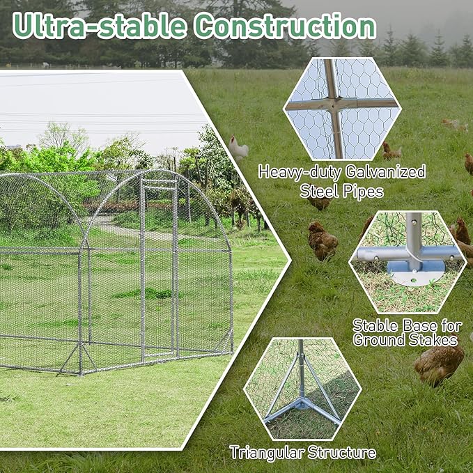 Giantex 12.5ft Metal Chicken Coop, Galvanized Walk-in Chicken Run with Waterproof PE Cover, Dome Shaped Poultry Cage Hen Run House Rabbits Habitat Cage for Backyard Farm Outdoor (12.5 x 9.2 ft, Dome)