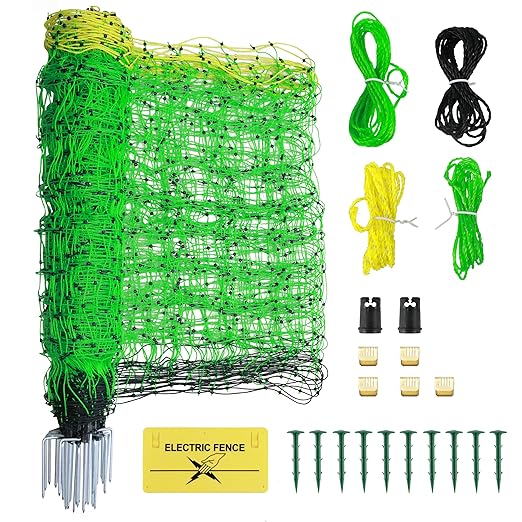 Electric Fence Netting, 35.5" x 164' Electric Poultry Netting with Fiberglass Posts and Double-Spiked Stakes, Utility Portable Mesh for Poultry in Backyards, Homesteads, Farms and Ranches