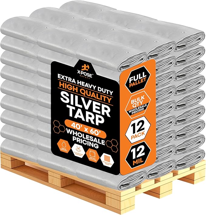Heavy Duty Silver Poly Tarp 40' X 60' - Bulk Full Pallet (12 Pack) - Multipurpose Protective Cover - Durable, Weather Proof & Tear Resistant - 12 Mil Thick Polyethylene - by Xpose Safety
