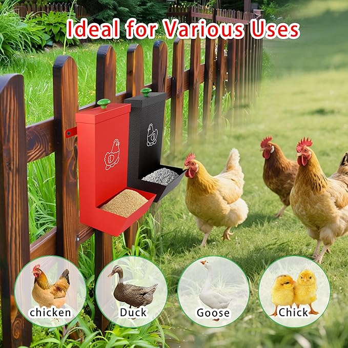 2-Pack Metal Hanging Chicken Feeder with Lid – Waterproof Gravity Poultry Feeder Trough, Automatic Chicken Coop Accessories (Black + Red)