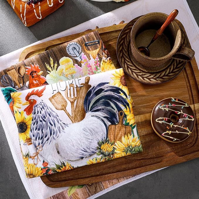 Bencailor 6 Pcs Farmhouse Kitchen Towels Chicken Rooster Kitchen Decor Farm Animal Hand Towels for Cooking Baking Housewarming Gift,15.75 x 23.62 inch(Multicolor,Sunflower Rooster)