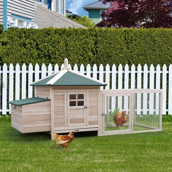 PawHut 77" Wooden Chicken Coop with Nesting Box, Cute Outdoor Hen House with Removable Tray, Ramp Run, for Garden Backyard, Natural