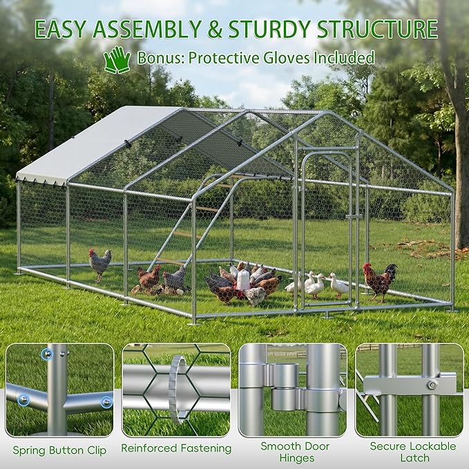 Large Metal Chicken Coop with Waterproof and UV-Resistant Cover,Chicken Run Outdoor Walk-in Cage Rabbit Duck Hen House for Yard Farm Use Spire Roof(10' L x 14.8' W x 6.4' H)