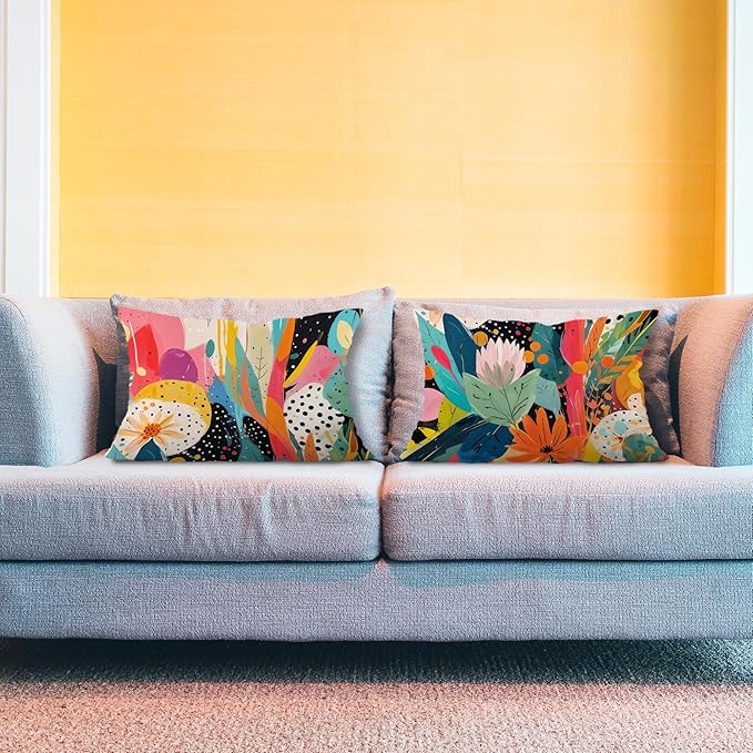 Abstract Boho Floral Pillow Covers 12x20 Set of 2, Maximalist Colorful Flower Botanical Lumbar Throw Pillow Covers for Home Bedroom Living Room, Modern Room Decor