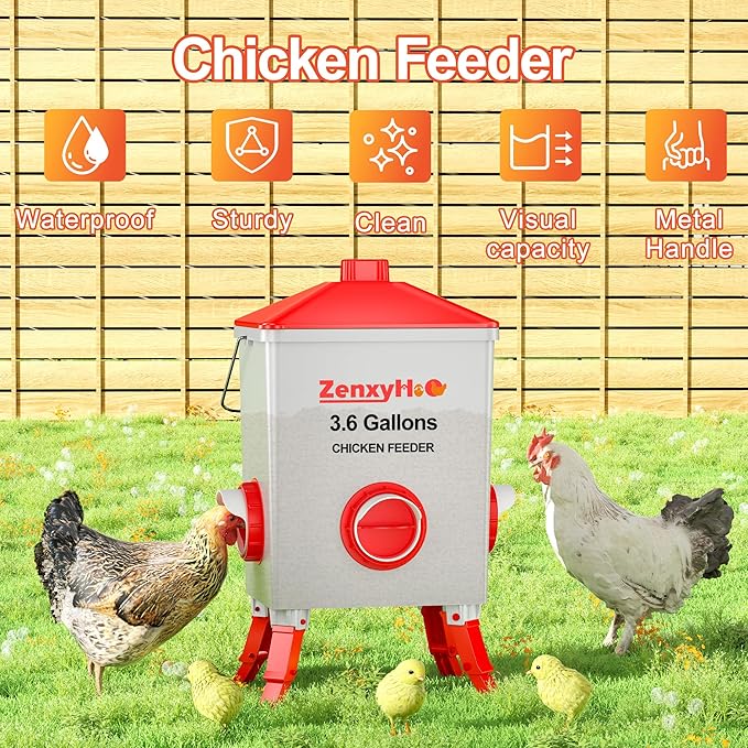 3.6 Gallons Chicken Feeder Bucket with 3 Adjustable Heights, 4 Port Feeder and Anti Roost Cone