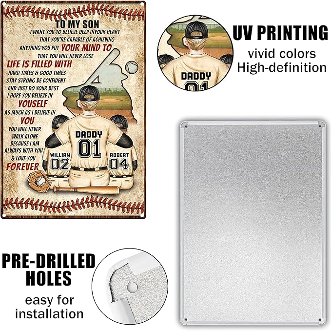 Vintage Tin Signs Motivational Wall Decor-To Son Teen Boy Room Baseball Decor Gifts,Sports Posters for Boys Bedroom 8x12 Inch
