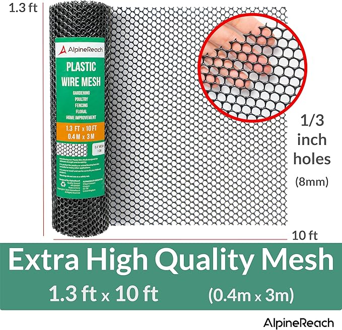 AlpineReach Plastic Wire Mesh 1.3ft x 10ft Fence Roll with Zip Ties - Ideal for Poultry, Dogs, Rabbit Barrier & Gardening, Durable Chicken Mesh, Versatile Rigid Fencing & Netting, Black (15.7" x 120")