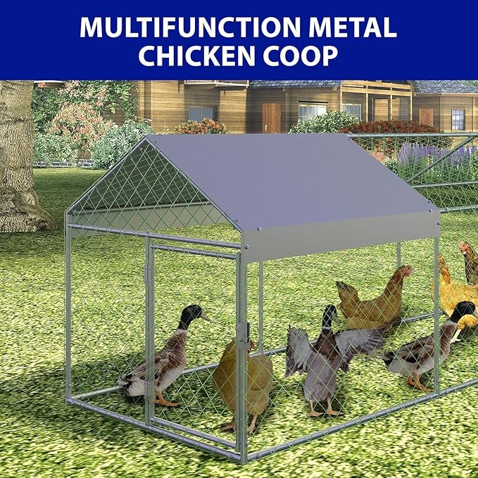 Large Metal Chicken Coop Run with Cover, 120"×40"×40" Portable Poultry Cage Walk in Hen House for Outdoor Chicken Rabbit Duck,Backyard Farm Animal Enclosure Crate Sliver