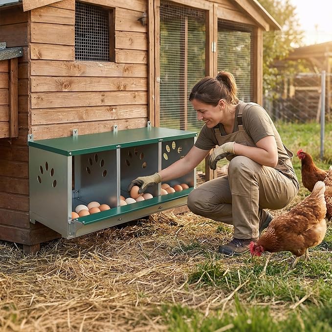 3/4 Compartment Chicken Nesting Boxes, Metal Wall Mount Chicken Egg Laying Box with Roll Out Egg Collection, Galvanized Steel Chicken Nesting Box for Laying Hens, Easy to Clean & Assemble (3-Hole)
