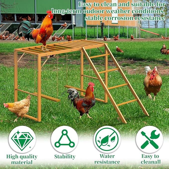 Chicken Perch Swing, Chicken Roosting Bars with Ladder for Coop, Metal Pet Swing Set for Pet's Healthy & Happy for 8-10 Chick, Yellow