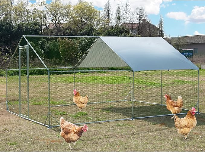 Large Metal Chicken Coop Walk-in Poultry Cage Hen Run House Spire Shaped Cage with Waterproof and Anti-Ultraviolet Cover for Outdoor Backyard Farm Use (13.2’ L × 9.84’ W)
