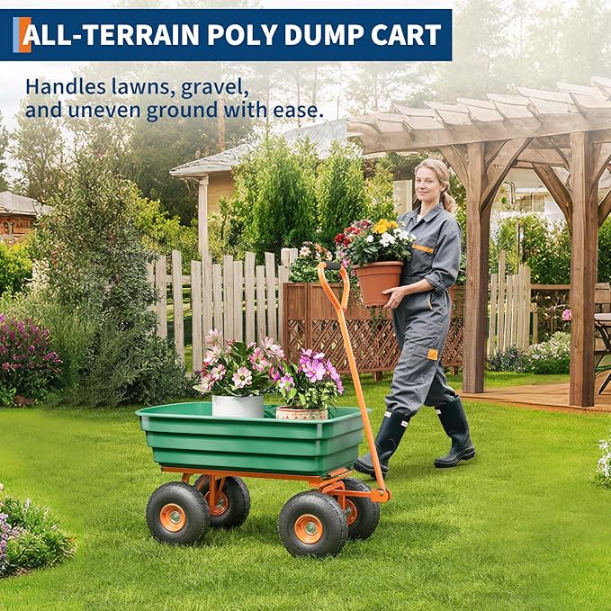 Heavy Duty Garden Dump Cart 1200 lbs, 125L Utility Wagon with 180° Adjustable Handle, Quick Release, 10" All-Terrain Tires for Yard, Lawn, Landscaping – Green + Orange | 1200 lbs. load capacity | 125L
