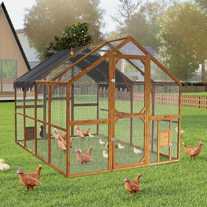 KEIKI 110" L Outdoor Large Chicken Coop with Waterproof Cover, Wire Mesh & 2 Lift Small Doors with Locks, Wood Chicken Coop House with Run for Cat Kitten Playpen, Duck, Rabbit, Quail
