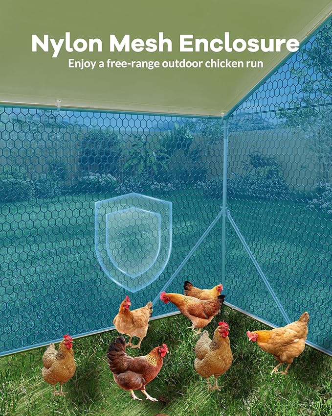 Large Metal Chicken Coop Upgrade Tri-Supporting Wire Mesh, 9.8' W x 6.5' L x 6.6' H Walk-in Poultry Cage, Chicken Run Pen House with Waterproof & Anti-Ultraviolet Cover & Lockable Doors for Outdoor