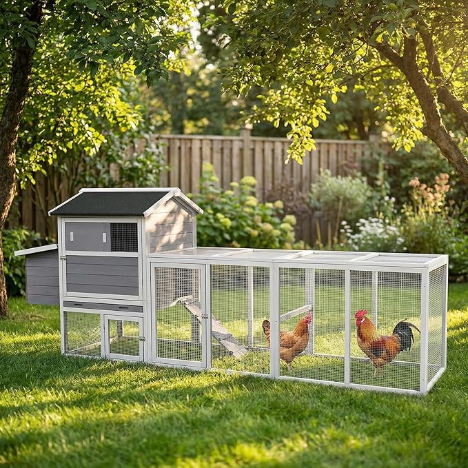 Large Outdoor Chicken Coop, Durable Wooden Hen House with Run & Nesting Box, Anti-UV Waterproof Roof, Sliding Door & Ramp for Backyard Small Animals, Gray