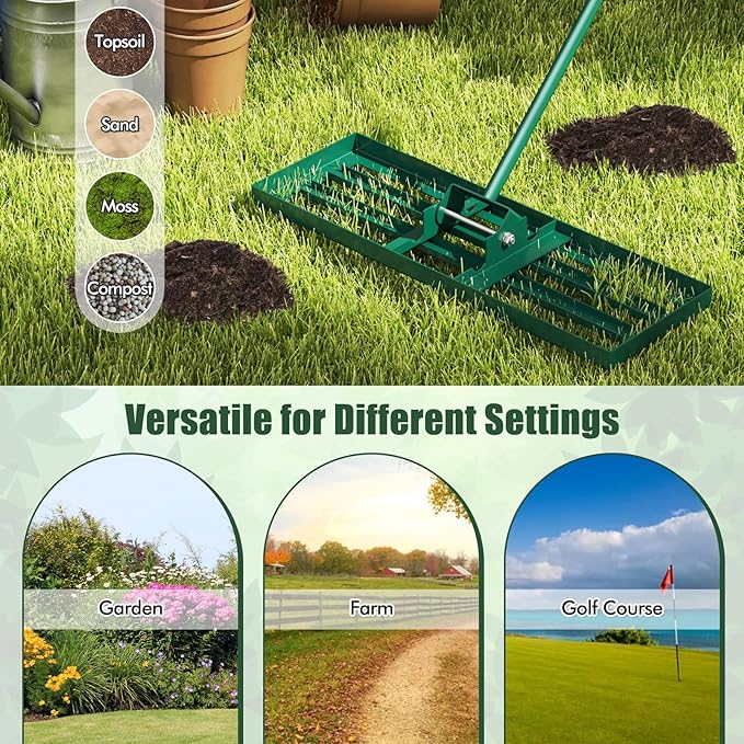 Happygrill Lawn Leveling Rake, Heavy Duty Lawn Level Tool for Soil w/67” Handle, Dirt Ground Leveler, Effort-Saving Landscape Rake for Garden, Backyard, Golf Course, Farm, Pasture (30" x 10", Green)