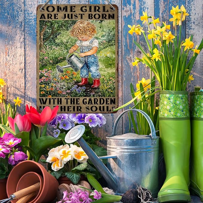 PEACHGARDEN Garden Vintage Tin Sign Little Girl Gardening Some Girls are Just Born with The Garden in Their SoulsMetal Tin Sign Retro Plaque Kitchen Poster Man cave 12x16inch