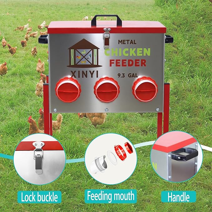 XINYI 9.3 Gallon Automatic Chicken Feeder, 6 Ports Gallon Chick Feeder No Waste with Adjustable Legs, Rodent Proof & Weatherproof Metal Raised Poultry Feeder
