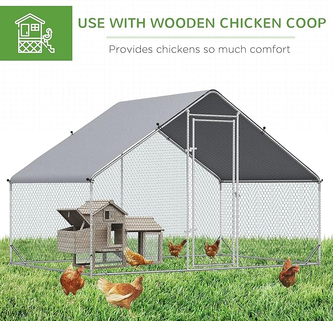 PawHut Large Chicken Coop Metal Chicken Run with Waterproof and Anti-UV Cover, Spire Shaped Walk in Fence Cage Hen House for Outdoor and Yard Farm Use, 1" Tube Diameter, 9.8' x 6.6' x 6.6'